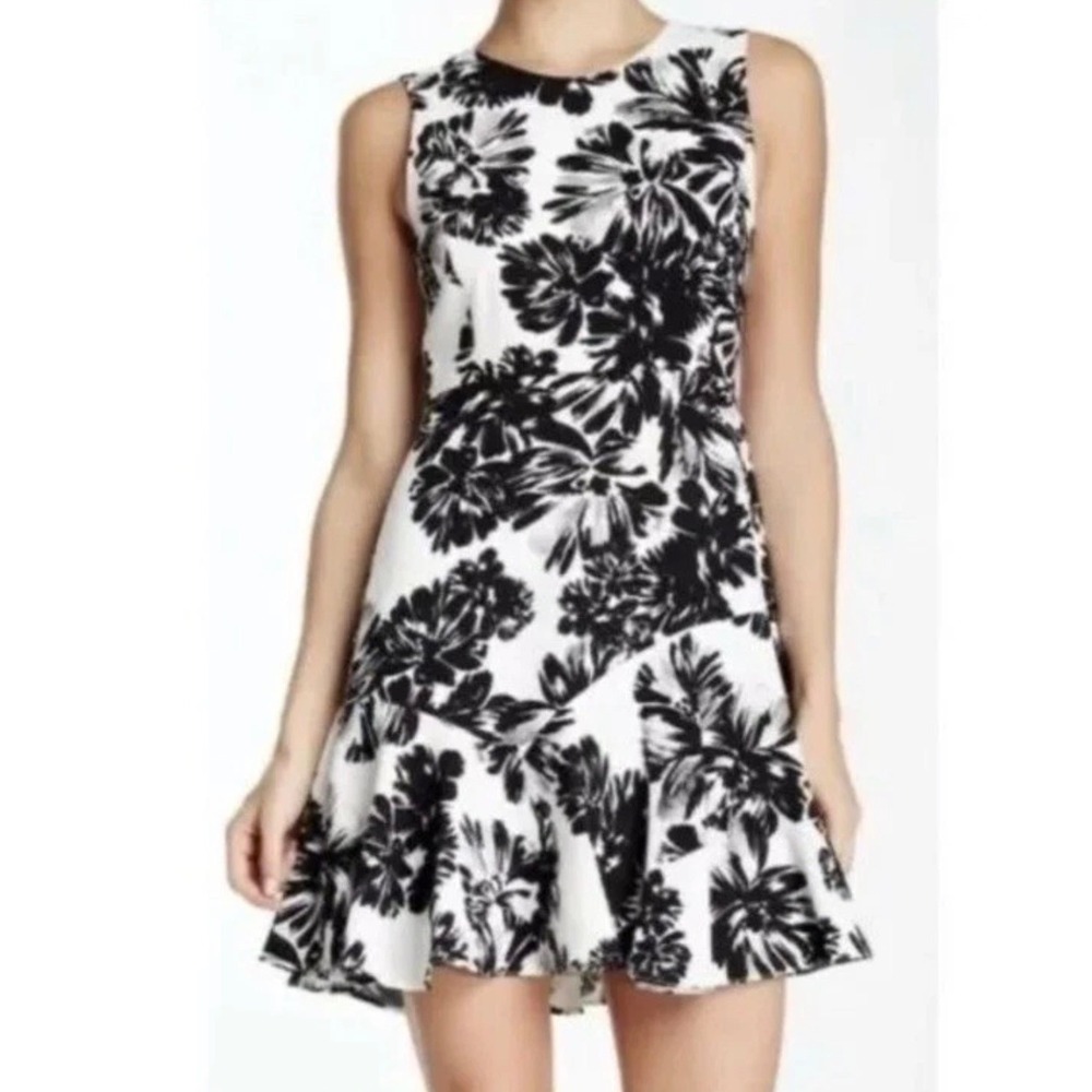 Rebecca Taylor Fit & Flare Sleeveless Mini Dress Black & White Floral Size 0 EUC